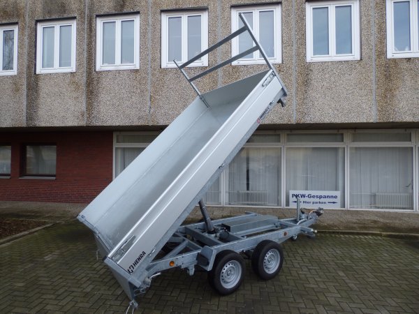 Henra KP353018 parabolic Dreiseitenkipper mit E-pumpe, Blattfederachsen, 3500kg zGG, 301x185x30cm, Rampenschchten und Leitergestell