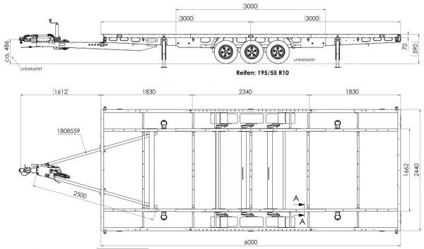 Tiny-Trail, Tridem-berlader, 3500kg GG, Plattformmae 600x250cm, Typ TH60.25
