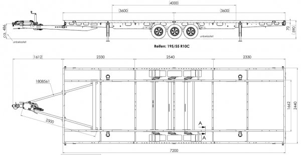 Tiny-Trail, Tridem-berlader, 3500kg GG, Plattformmae 720x250cm, Typ TH72.25