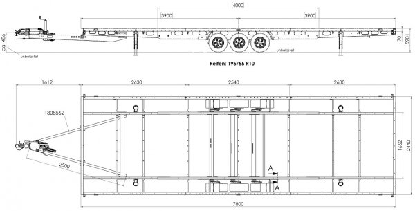 Tiny-Trail, Tridem-berlader, 3500kg GG, Plattformmae 780x250cm, Typ TH78.25