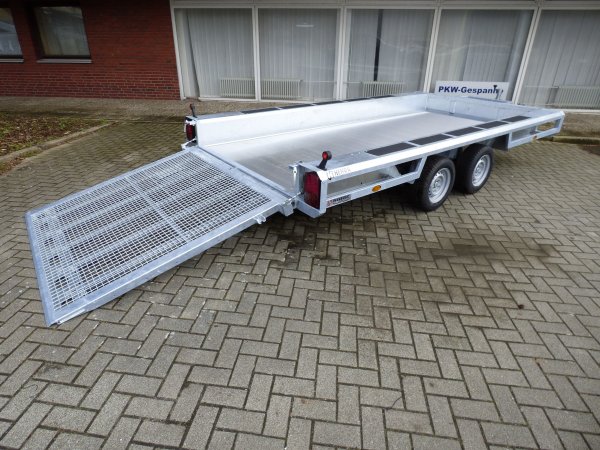 Henra MT354017 Parabolic Sehr stabiler Baumaschinentransporter mit Aluboden, Blattfederachsen, 3500KG zGG, 400x170x27cm, durchgehende Gitterrampe 165cm hoch