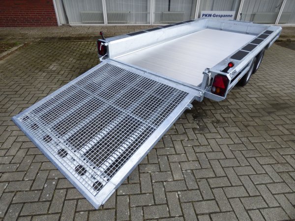 Henra MT354017 Parabolic Sehr stabiler Baumaschinentransporter mit Aluboden, Blattfederachsen, 3500KG zGG, 400x170x27cm, durchgehende Gitterrampe 165cm hoch