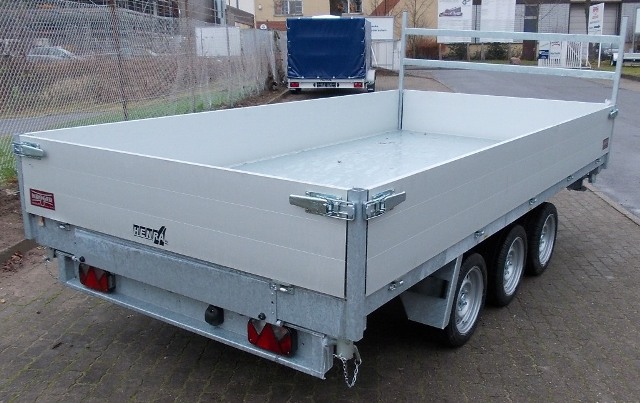 Henra KP354020TR Tridem-Dreiseitenkipper mit E- und Nothandpumpe und Rampenschubladen, 3500kg zGG, Lademaße:401x202x30cm