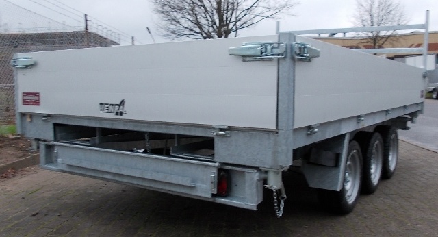 Henra KP354020TR Tridem-Dreiseitenkipper mit E- und Nothandpumpe und Rampenschubladen, 3500kg zGG, Lademae:401x202x30cm