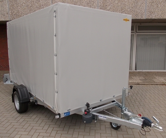 Humbaur HKT 183117 S gebremster Absenkanhänger mit Tempo 100 und Hochplane 180cm grau